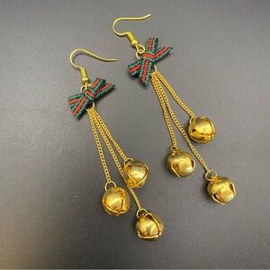 Gold Dangle Earrings with Bells and Bows